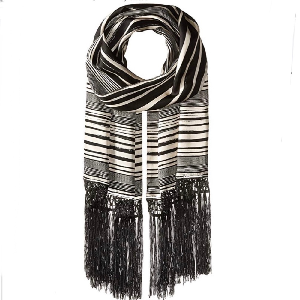 BCBG MAXAZRIA Striped Silk Skinny Scarf Fringe